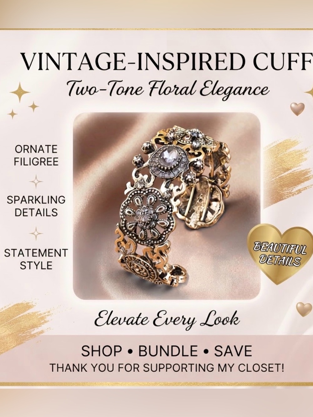 Vintage‑Inspired Two‑Tone Floral Cuff Bracelet